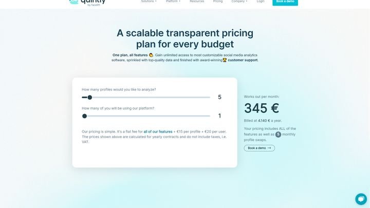 Das Pricing von quintly ist sehr flexibel und richtet sich nach der Anzahl der zu überwachenden Profile und der benötigten Nutzerlizenzen