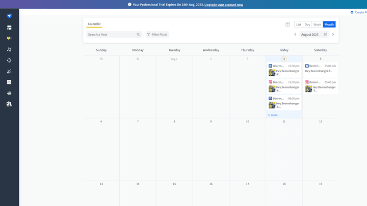 Der Social-Media-Kalender ist übersichtlich und verfügt über verschiedene Ansichten und Filterfunktionen