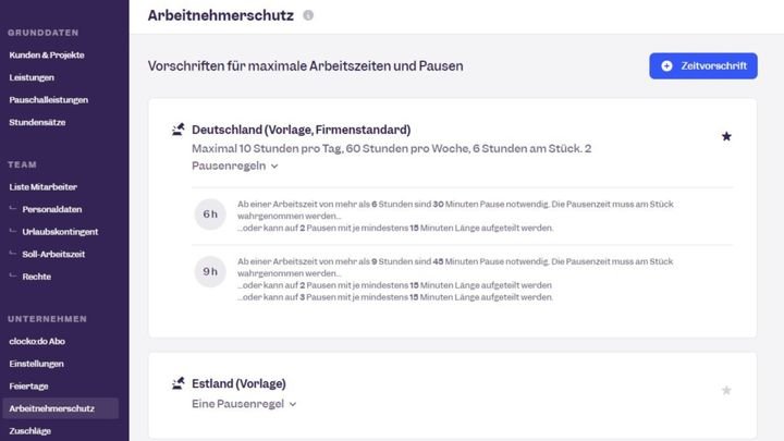 Clockodo hat bereits eine Arbeitszeit-Vorlage nach dem deutschen Arbeitsrecht für Sie hinterlegt