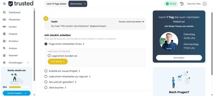 Die Arbeit mit clockin beginnt mit geführten Einführungstouren, die dich Schritt für Schritt durch das System begleiten und die wichtigsten Fragen zum Start klären.