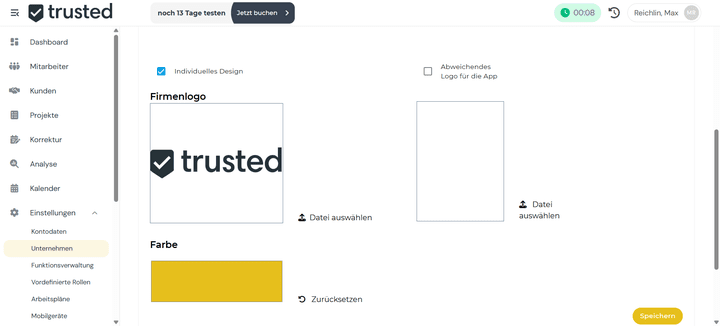 Besonders schön finde ich an clockin die Anpassbarkeit; so konnte ich mein Testsystem mit einem Logo und einer eigenen Farbgebung ausstatten, um die CI meines Unternehmens abzubilden. Fein!