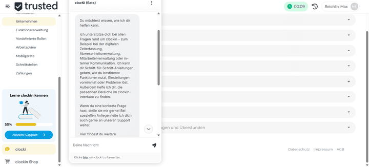 Die hauseigene KI “clocKI” unterstützt dich bei Fragen.