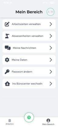 Für den Self Service in der App steht dir “Mein Bereich” zur Verfügung. Hier finden Mitarbeiter:innen alles Wichtige, von Arbeitszeitkorrekturen über Urlaubsanträge bis hin zum integrierten Messenger von clockin, um sich gegenseitig Nachrichten zu schreiben.