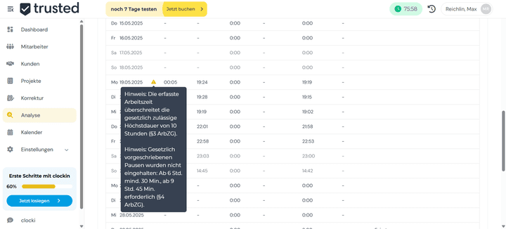 clockin zeigt Überschreitungen und Verstöße gegen geltende Regelungen transparent und gut erkennbar an.