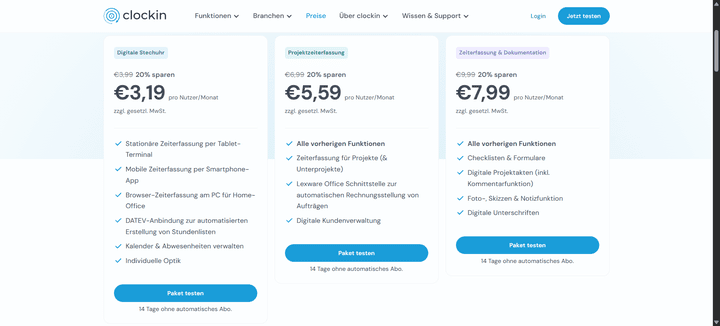 Ein Blick auf die Preise von clockodo, von der reinen Arbeitszeiterfassung in der “Digitalen Stechuhr” bis hin zum vollen Funktionsumfang in “Zeiterfassung & Dokumentation”.