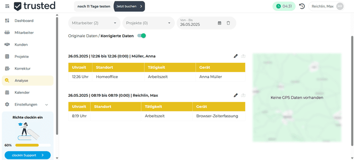 Das Zeitenprotokoll listet alle Zeiteinträge mit der jeweiligen Tätigkeit und (wenn aktiviert) einer GPS-Ortsmarke auf.