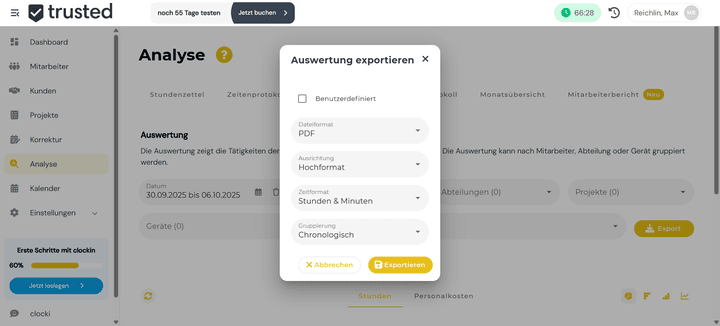 Alle Reports aus clockin lassen sich schnell und einfach z.B. als PDF exportieren.
