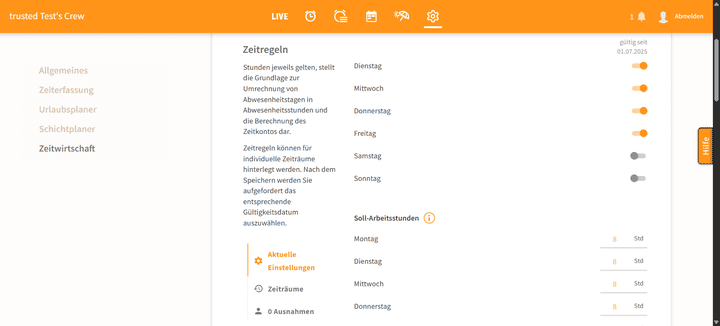 In Crewmeister gibt es nur eine einzige Arbeitszeitregel – und damit auch nur ein einziges Arbeitszeitmodell – für deine gesamte “Crew”. Abweichende Modelle müssen immer manuell und als Ausnahme gepflegt werden.