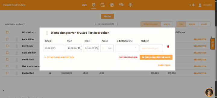Das Stempeln oder auch die manuelle Zeiterfassung klappen dank klarer und übersichtlicher Eingabemasken schnell und einfach.