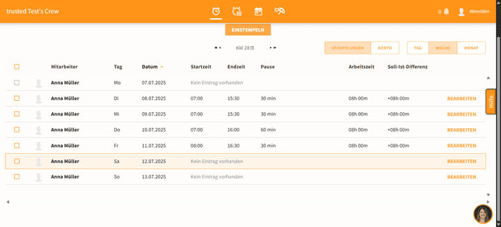 Alle Zeiteinträge landen im digitalen Stundenzettel und können von hier aus ausgewertet oder exportiert werden.