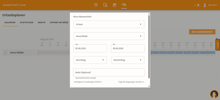 Die Urlaubsverwaltung ist ein fester Teil des Funktionsumfangs von Crewmeister. Hier kann dein Team Urlaubsanträge stellen …