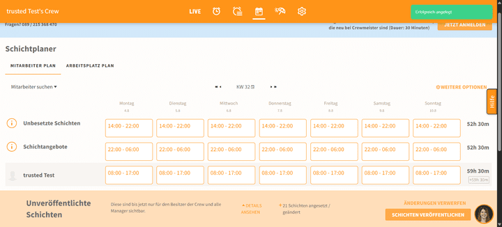 Der Schichtplaner ist der geheime Star der Show. Crewmeister hat ein starkes Schichtplanungstool an Bord, mit dem du deine Crew übersichtlich verplanen kannst.