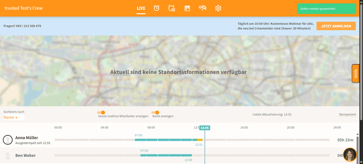 In der Live-Übersicht siehst du immer, wo sich dein Team gerade befindet und woran es arbeitet. Vor allem für die Koordination von mehreren mobilen Teams ist das eine tolle Sache!