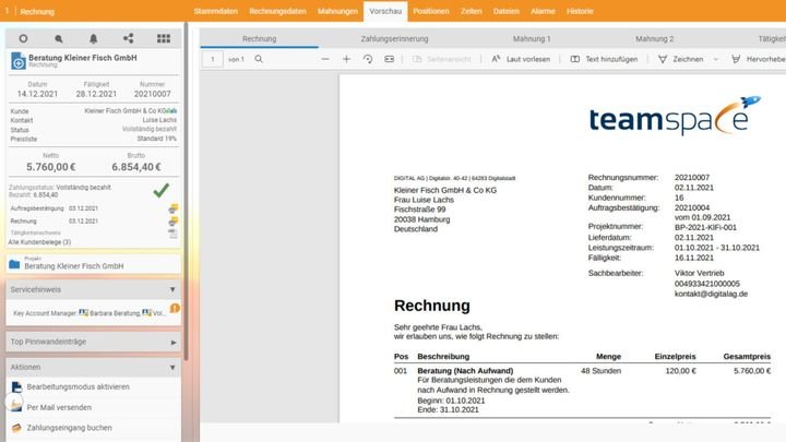 teamspace bietet aktuell die schnellste Rechnungserstellung