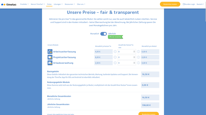 Bei Tools wie TimeTac bezahlen Sie eine gewisse Grundgebühr plus userbasierte Kosten je Modul