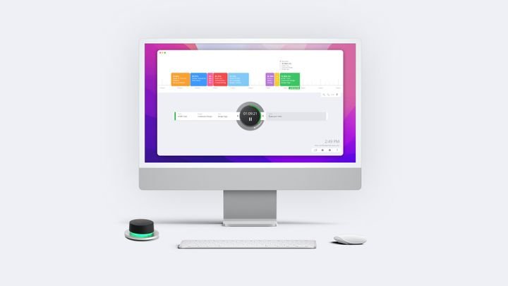 Ein Alleinstellungsmerkmal von timeBuzzer ist der namensgebende Buzzer, ein Hardware-Gimmick für den Schreibtisch, das zur korrekten Zeiterfassung motivieren soll.