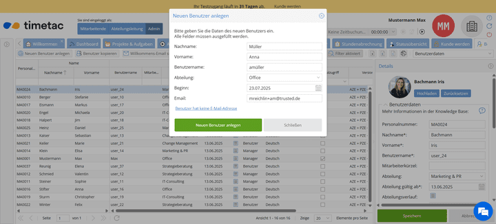 Das Anlegen von neuen Benutzer:innen geht in TimeTac sehr schnell und einfach.