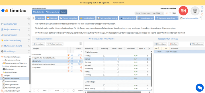 Die Arbeitszeitmodelle in TimeTac sind sehr detailliert und lassen sich individuell und flexibel anpassen.