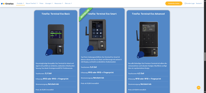 TimeTac bietet 3 eigene Hardware-Terminals mit unterschiedlicher Ausstattung zur Miete an.