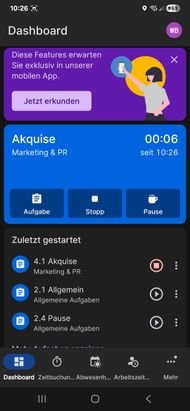 Die mobile App von TimeTac macht einen viel frischeren und übersichtlicheren Eindruck als die Browser-Version.
