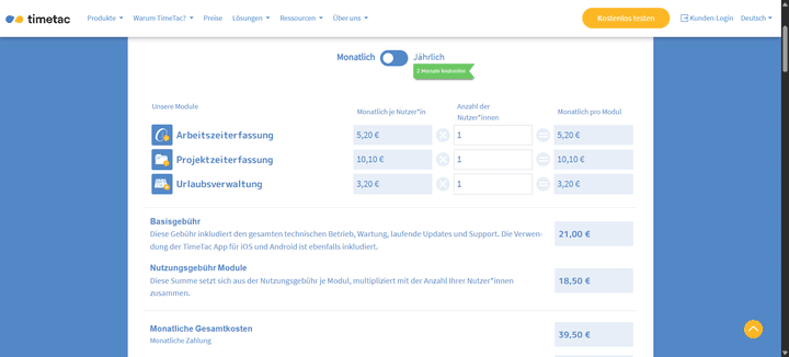 TimeTac liefert einen übersichtlichen Preiskonfigurator, in dem du dir deinen individuellen Preis errechnen kannst.