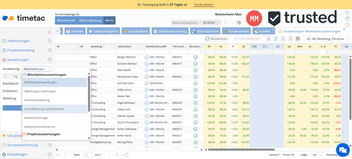 Die Berichte findest du in TimeTac direkt in der Seitenleiste; hier kannst du dir eine ganze Reihe von Auswertungen erstellen lassen und sie mithilfe von Filtern anpassen.