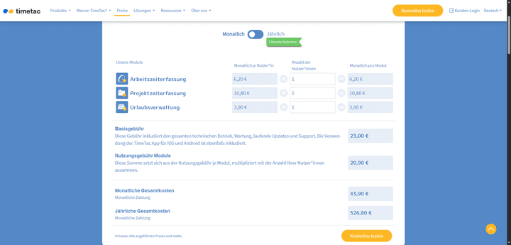 TimeTac liefert einen übersichtlichen Preiskonfigurator, in dem du dir deinen individuellen Preis errechnen kannst.