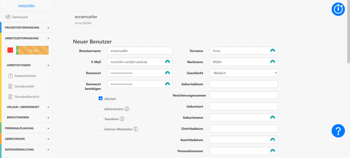 Neue Benutzer:innen bzw. Mitarbeiter:innen legst du erstmal nur mit den wichtigsten Informationen an.