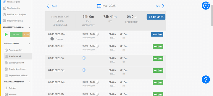 Das Kernmodul von TimeTrack ist die Arbeitszeiterfassung, auf deren Basis auch die Stundenzettel deiner Mitarbeiter:innen automatisch generiert werden.