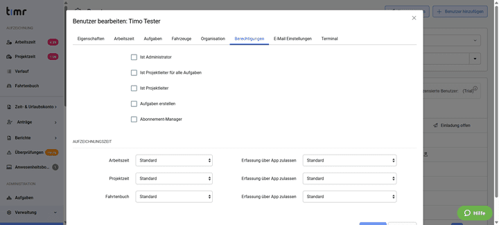 Was es mit den Berechtigungen und Rollen auf sich hat, die timr für dich definiert hat, erfährst du an dieser Stelle leider nicht – dafür kannst du die einzelnen Rechte sehr feinporig einstellen, was für mehr Compliance sorgt.