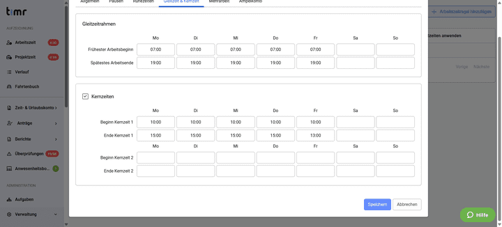 Beim Anlegen eines Arbeitszeitmodells hast du sehr viele Möglichkeiten – für Gleitzeitmodelle sind sogar Rahmen- und Kernarbeitszeiten möglich. Aber auch klassische Voll- und Teilzeitmodelle sind in timr sehr einfach abbildbar.