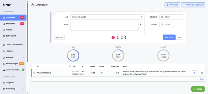 Das eigentliche Time Tracking klappt in timr einfach, übersichtlich und auf Wunsch verknüpft mit deinen Projekten und Aufgaben. Dafür besonders nützlich: Der blaue “Wechseln”-Button, um lückenlos zwischen Aufgaben zu springen.