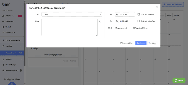 Neben der Zeiterfassung ist auch die Urlaubsverwaltung in timr integriert. Dein Team kann also selbstständig Urlaubsanträge im System stellen, inklusive Genehmigungsworkflows.