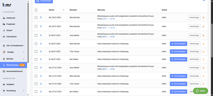 Der Reiter “Überprüfen” ist besonders hilfreich, um mögliche Verstöße gegen die Arbeitszeitregeln schnell zu identifizieren. So musst du nicht aktiv nach Ungereimtheiten suchen, sondern bekommst ganz einfach eine übersichtliche Liste mit nicht eingehaltenen Pausenzeiten oder über- und unterschrittenen Soll-Arbeitszeiten.
