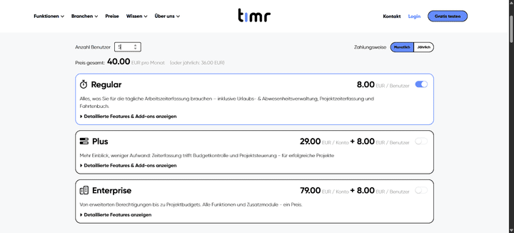 timr gibt es in drei Versionen: Regular für die reine Arbeitszeiterfassung (mit Fahrtenbuch), Plus für die Projektzeiterfassung und Enterprise für die Budgetverwaltung und zusätzliche Features.