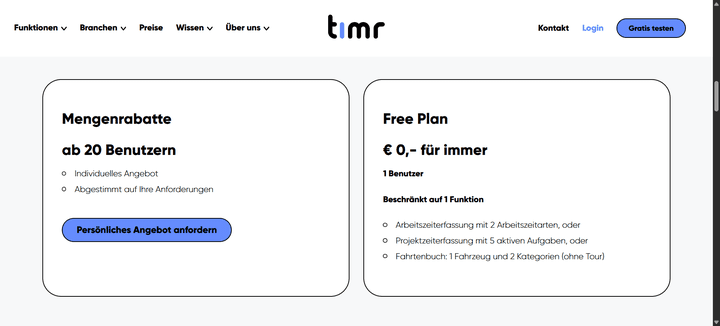 Nett: für größere Teams ab 20 Nutzer:innen gibt es Rabatte und für Einzelpersonen ist timr (mit ein paar Einschränkungen) komplett kostenlos.
