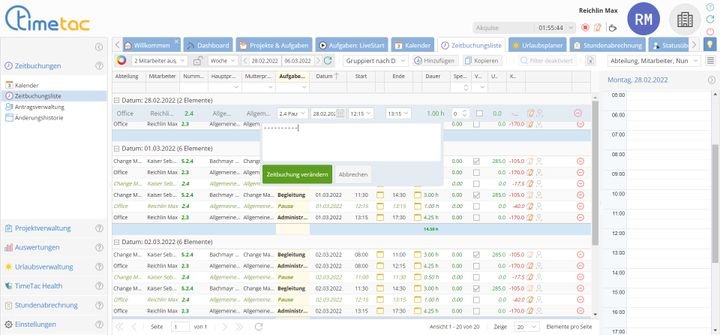 Alternativ können Sie Ihre Arbeitszeiten auch manuell in die Stundenliste eintragen