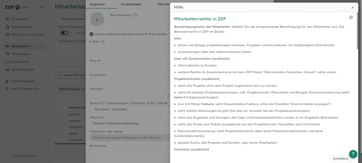 Das Rollen- und Rechtesystem von ZEP ist recht granular. Zum Glück werden die Nutzerrollen und Rechte an geeigneter Stelle erklärt, sodass du immer weißt, welche User welche Rechte im System haben.