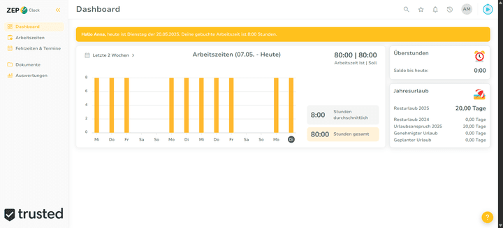 Das persönliche Dashboard für Mitarbeiter:innen hält alle wichtigen Infos zu Salden, Resturlaub und Überstunden parat – und lässt sich sogar farblich und mit einem individuellen Logo anpassen!