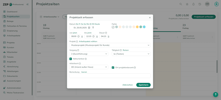 Das eigentliche Herzensthema von ZEP ist die Projektverwaltung. Dazu gehört in erster Linie einmal die Projektzeiterfassung, die mit übersichtlichen Eingabemasken und individuellen Farben aufwartet.