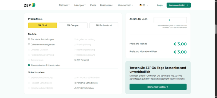 Mit dem Preiskalkulator stellst du dir aus den verfügbaren Modulen und Schnittstellen genau die Zeiterfassungssoftware zusammen, die du für dein Team brauchst!