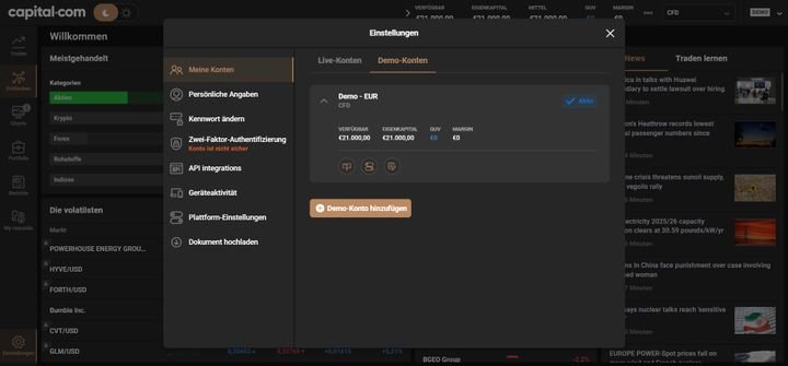 Mit wenigen Klicks können Sie auf capital.com ein kostenfreies Demokonto mit beliebig hohem Kapital erstellen