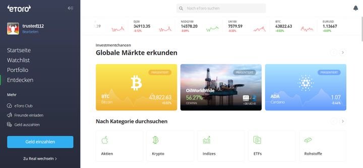 Auf eToro investieren Sie in verschiedene Märkte und Assets