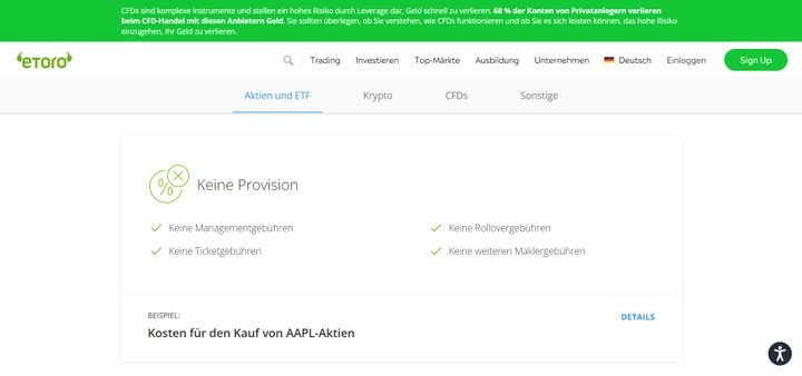 Aktien und ETFs traden Sie auf eToro völlig ohne Provision und ohne versteckte Kosten