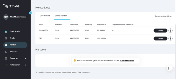 Die Erstellung eines kostenlosen Demokontos ist auf Trive einfach und bequem möglich