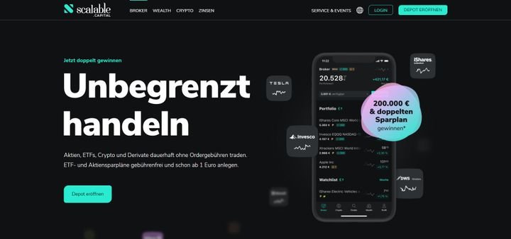 Scalable Capital bietet den Direkthandel mit Aktien, ETFs und Kryptowährungen und präsentiert sich dabei besonders günstig