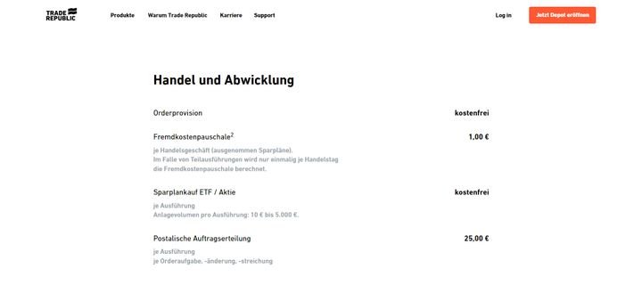 Ein Auszug aus dem transparenten Gebührenkatalog der Trading-Plattform
