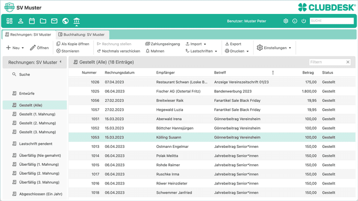 Mithilfe des Buchhaltungsmoduls von ClubDesk erstellen und verschicken Sie Rechnungen und verwalten Beitragszahlungen