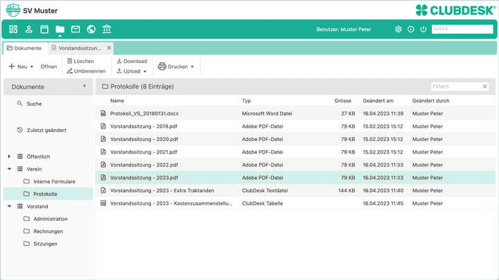 ClubDesk kommt mit einem eigenen Cloud-Speicher, in dem Sie Dokumente und Dateien verwalten können