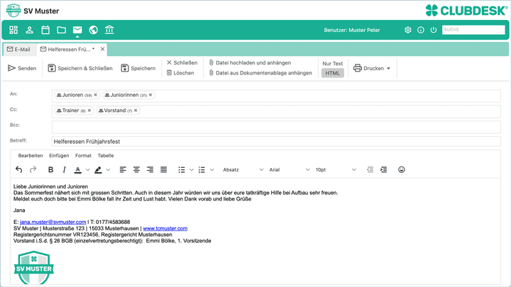 Mithilfe von ClubDesk treten Sie schnell und einfach mit einzelnen Mitgliedern oder Gruppen per Mail in Kontakt